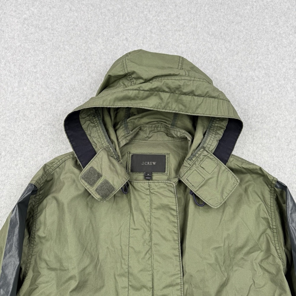 J Crew Jacket Womens Medium Green Softshell Hooded Rain Full Zip Cinched Swing‎ - Picture 2 of 11